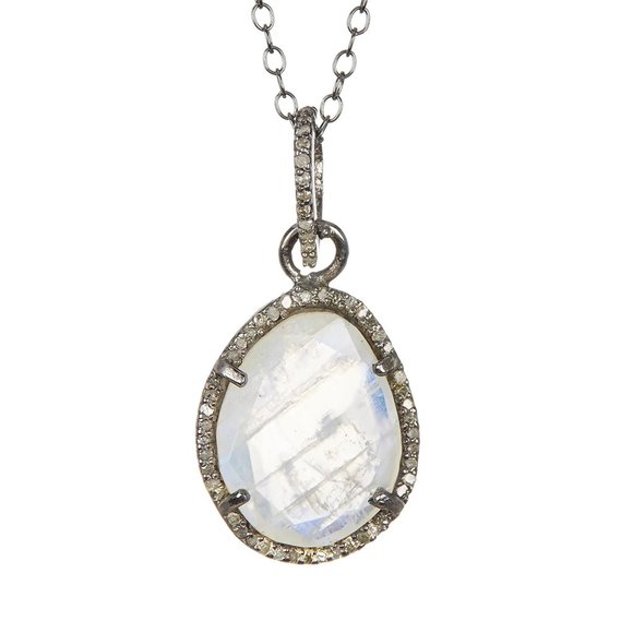 NEW Adornia Beckett Moonstone Slice Diamond Halo Black Rhodium Sterling Silver - Picture 1 of 2